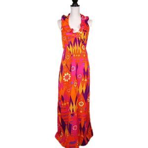 VTG 60s 70s Psychedelic Hawaiin Maxi Dress Halter Neon Day Glo Festival Hippie